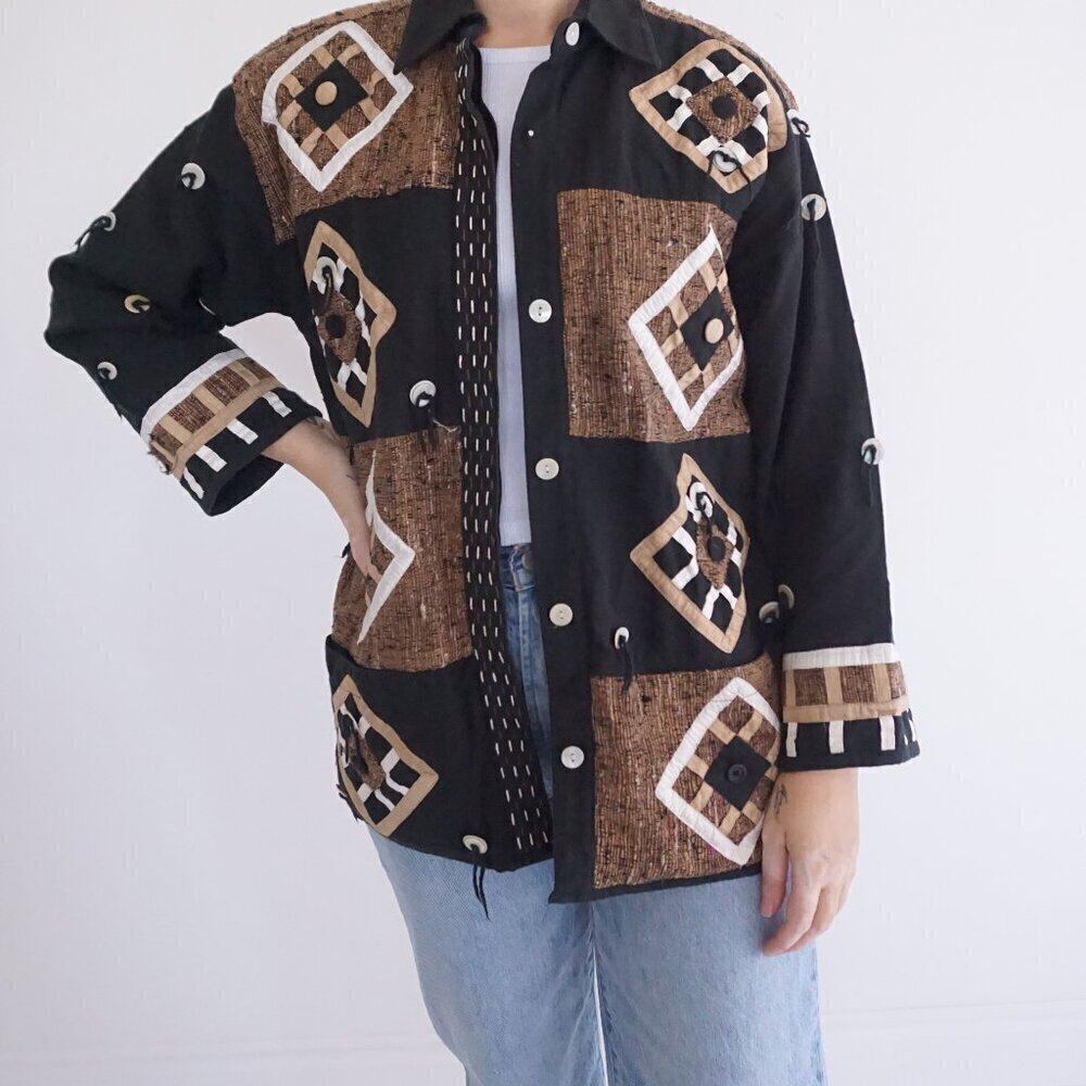 Vintage Yak Magik Black Tan Patchwork Quilted Western Button Up Shirt Jacket S